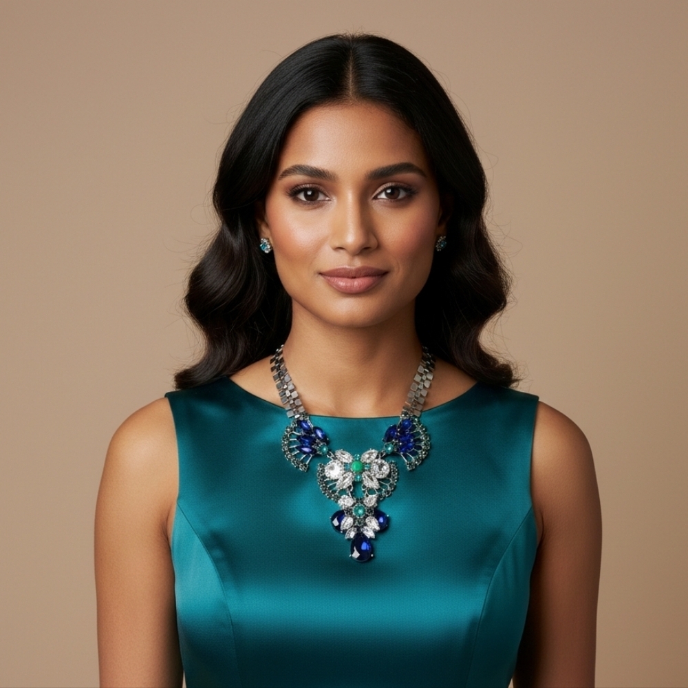 Vintage big Statement necklace green blue silver